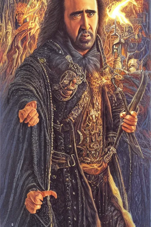 Image similar to Nicolas Cage as wizard, fantasy, intricate, highly detailed, illustration by ken kelly