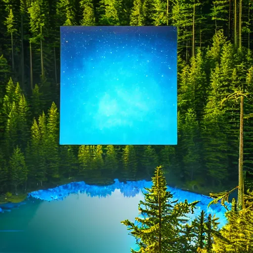 Prompt: abstract crystal sculpture of a nebula hovering above a clear blue lake in a clearing in the middle of an evergreen forest at dawn