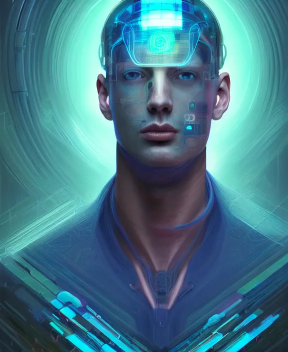 Image similar to a whirlwind inside the metaverse, guy, male, man, hologram, half body, neurochip, android, cyborg, cyberpunk face, by loish, d & d, fantasy, intricate, elegant, highly detailed, colorful, digital painting, artstation, concept art, art by artgerm and greg rutkowski and alphonse mucha