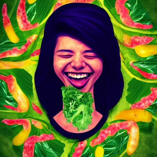 Prompt: a human with salad as their head, laughing, digital art