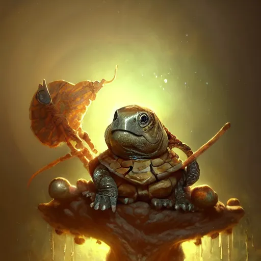 Image similar to cute wise sage turtle holding a staff, wearing a cloak, subsurface scattering, by jesper ejsing, justin gerard, tomasz alen kopera, cgsociety and fenghua zhong, highly detailed, rim light, cinematic lighting, illustration, art, octane render, very coherent, cinematic, hyper realism, high detail, octane render, 8 k