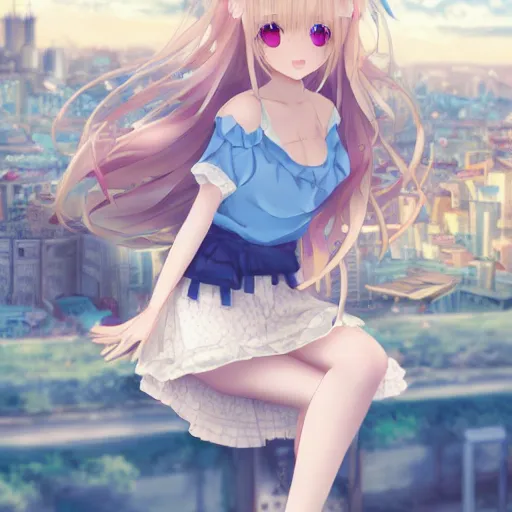 Prompt: a very beautiful anime girl, full body, long wavy blond hair, sky blue eyes, full round face, short smile, cute top, miniskirt, sitting on a miniature city, surround by a miniature crowd,wallpaper by wlop