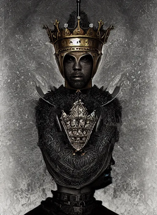 Image similar to portrait of king arthur knight with a crown with engravings, studio portrait against a black background, modern fine art, fractal, intricate, elegant, highly detailed, digital photography, subsurface scattering, in the style of ghost, by jheronimus bosch and yue minjun and giger and greg rutkowski,