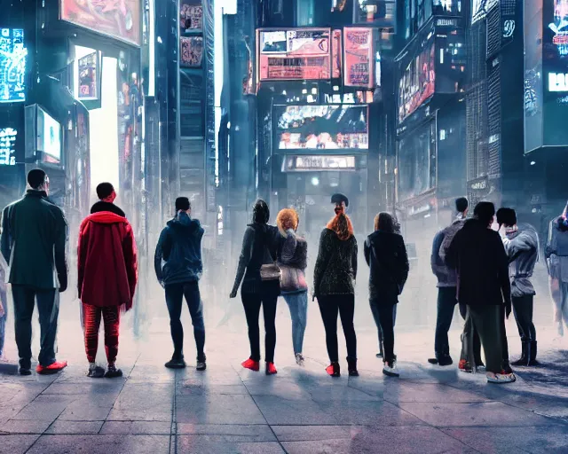 Image similar to group of people standing on a street corner in a cyberpunk city