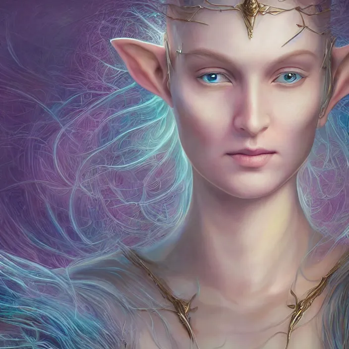 Image similar to elvish princess, science fiction, extremely detailed, sharp focus, pastel colors, intricate, realistic, smooth, volumetric lighting, digital painting, by eric stanton, by alex grey, by santiago calatrava