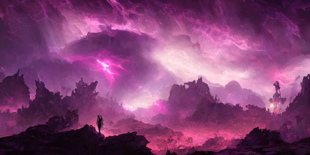 Prompt: one small female silhouette standing in the ruins of crux prime, purple fiery maelstrom in the distance, digital art, artstationhq