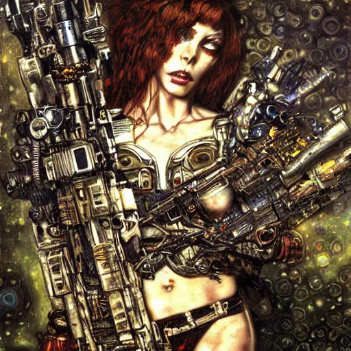 Prompt: cybernetic female supersoldier armed with laser rifle battling demon, intricate detail, klimt, royo, whealan,