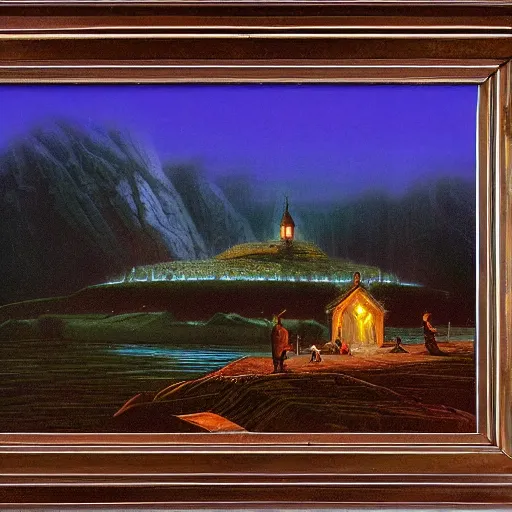 Image similar to fortress on a hill in a lake at night, Darrell k sweet