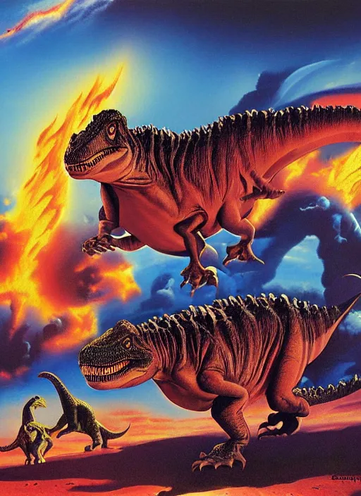 Prompt: dinosaurs fleeing from the incoming fiery asteroid by boris vallejo