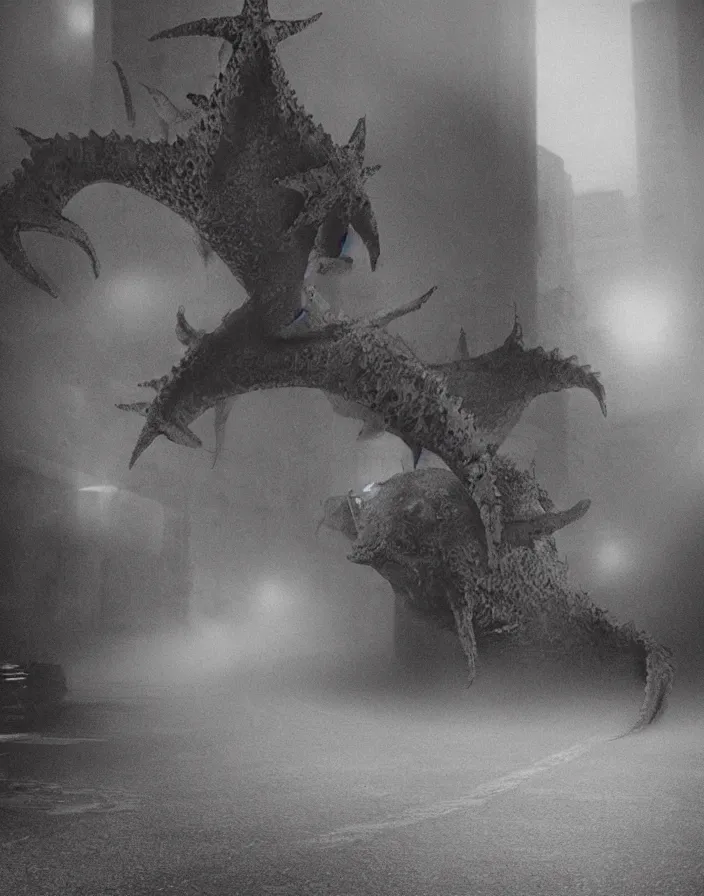 Image similar to very low - resolution found footage of a couple escaping in the city from a starfish kaiju monster, fog, foggy, korean film noir, monochrome, red hue, thriller, underdeveloped, epic, dramatic