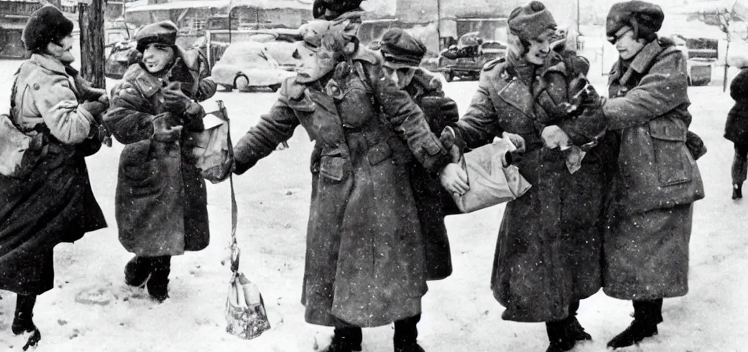 Prompt: photorealistic photograph of tired USSR soldiers stealing from an old woman at the store, 1940s, retro, award-winning