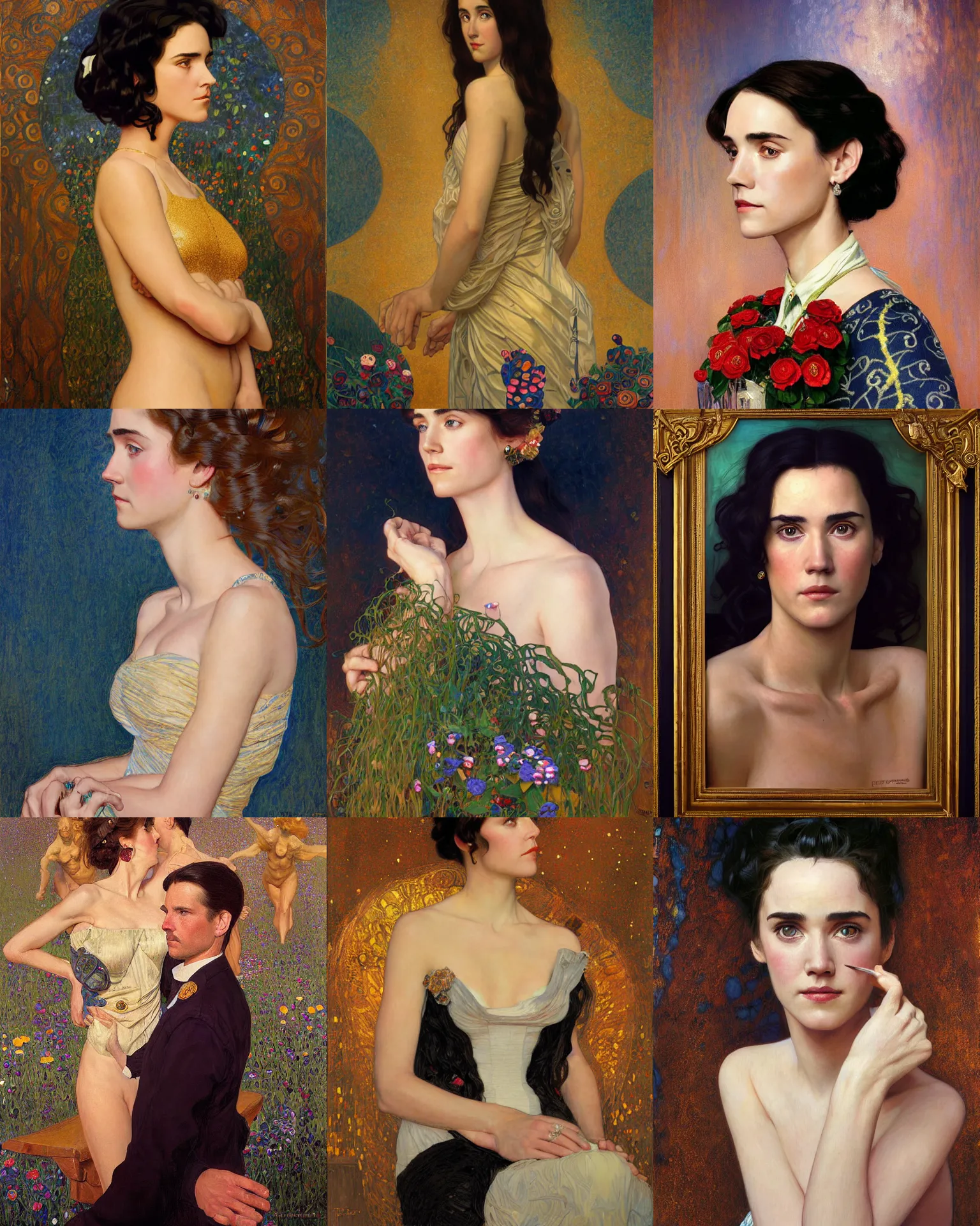 Prompt: sargent and leyendecker and greg hildebrandt gustav klimt highly profile portrait of young jennifer connelly with long hairs, stephen bliss, unreal engine, fantasy art by greg rutkowski, loish, rhads, wooden background, makoto shinkai, ilya kuvshinov, rossdraws, alphonse mucha, radiant light, detailed and intricate environment