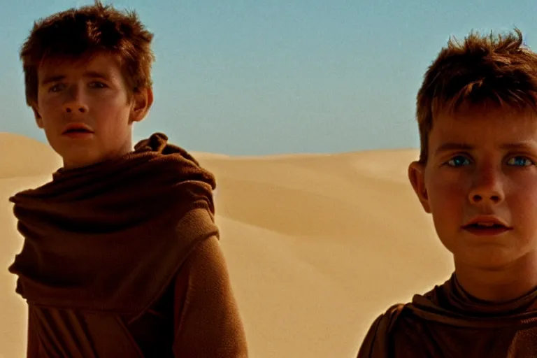 Image similar to a cinematic headshot portrait of a boy in the movie dune, in a serene vast desert, storm, dry, film still, cinematic, movie still, dramatic lighting, 1 6 : 9 ratio