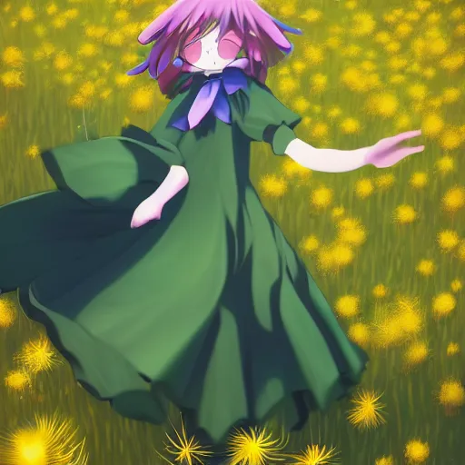 Prompt: Komeiji Koishi dancing in a field of dandelions, by Makoto Shinkai, anime, Touhou, digital art, soft lighting