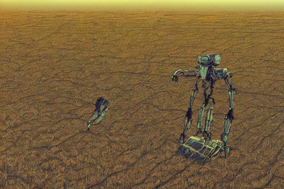 Image similar to sci-fi painting of a large alien city on the vast wheat fields, the closed back view of only one humanoid robot on the ground, by Moebius, godrays, detailed