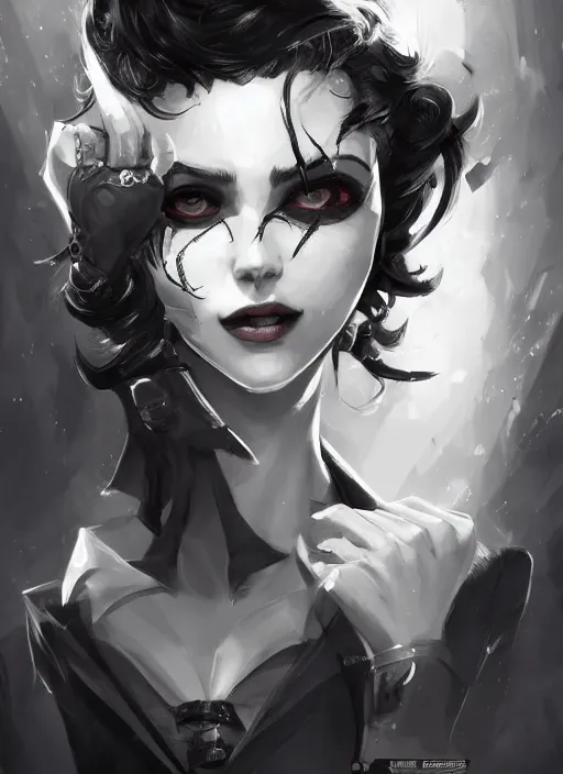 Image similar to a highly detailed illustration of beautiful short black messy haired woman wearing eyepatch!!! and noir style suit and tie, dramatic smiling pose, intricate, elegant, highly detailed, centered, digital painting, artstation, concept art, smooth, sharp focus, league of legends concept art, WLOP