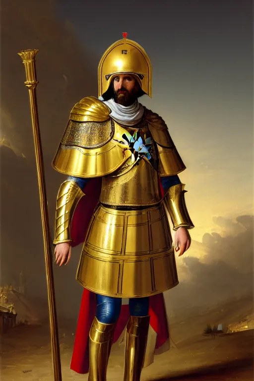 Image similar to man looking forward in decorated with gold baroque style christian crusader armor, cylindrical helmet covering all his face decorated with golden cross on front it's front end and white cape covering half of his body standing at the gates of jerusalem drawn by greg rutkowski realistic high detail