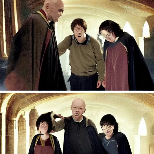 Image similar to harry potter using crucio on voldemort while ginny and cho chang applaud and ron cries