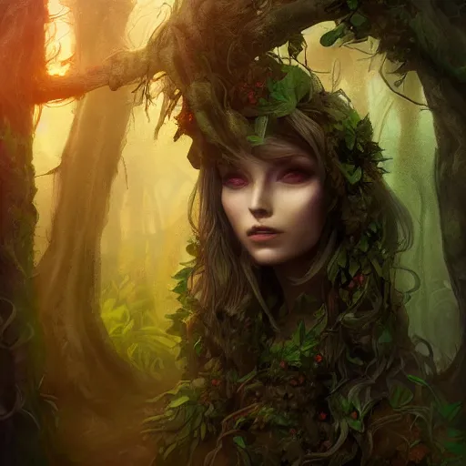 Image similar to cinematic portrait of a dryad, inspired by brian froud, inspired by dungeons and dragons, mysterious, in an evening autumn forest, trending on art station, sunset evening lighting, ominous shadows by jessica rossier