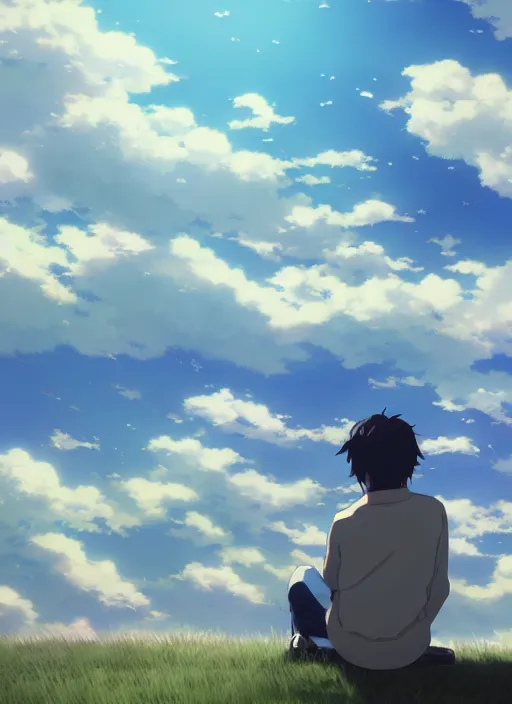 Image similar to daydreaming student, blue sky, daydreams appearing in the clouds, by makoto shinkai