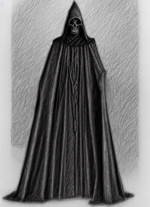 Prompt: pencil ultradetailed sketch of the necromancer, wearing a black cloak, crisp