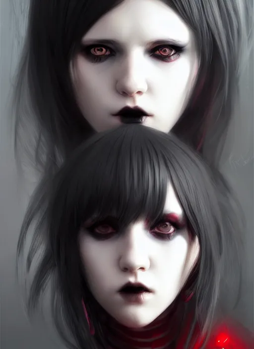 Image similar to portrait of white teenage girl, normal face, black bangs, mall goth, cyberlox, black and white hair, bangs, fluffy bangs, red contacts, intricate, elegant, highly detailed, digital painting, artstation, concept art, sharp focus, smooth, illustration, art by wlop, mars ravelo and greg rutkowski