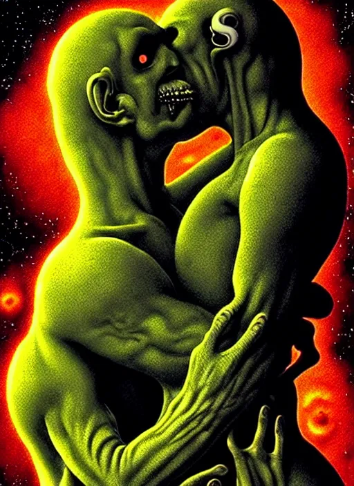 Prompt: detailed image of a creepy passionate kissing, in the deep space by richard corben, rich deep colors. masterpiece . intricate artwork, very coherent symmetrical artwork, cinematic, hyper realism, high detail, octane render, unreal engine, 8k, Vibrant colors, Smooth gradients, High contrast, depth of field. by Katsuhiro Otomo, full body character drawing, inspired by Evangeleon, clean ink detailed line drawing, intricate detail, extremely detailed.