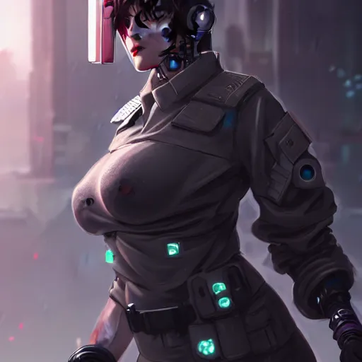 Image similar to female cyberpunk soldier, very detailed, realistic face, detailed face, matte, tonemapping, bbwchan, perfection, 4 k, cushart krenz