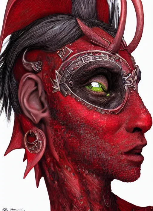 Prompt: red skin, Tiefling , smiling, beautiful detailed eyes, cute, fantasy, intricate, elegant, highly detailed, digital painting, 4k, HDR, concept art, detailed jewelry, smooth, sharp focus, illustration, by Wayne Reynolds