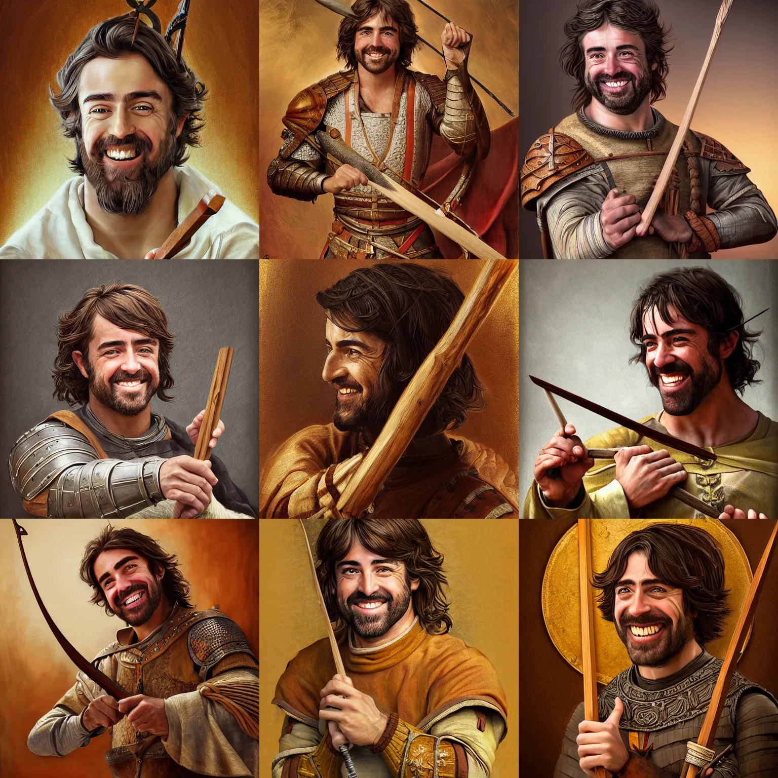 Prompt: Very highly detailed!!!!!! epic central composition studio photography of Fernando Alonso smiling holding a wooden spear, intricate, medieval, extremely detailed, digital painting, artstation, concept art, smooth, sharp focus, illustration, studio lighting, incredible art by Anna Dittmann and Anton Pieck