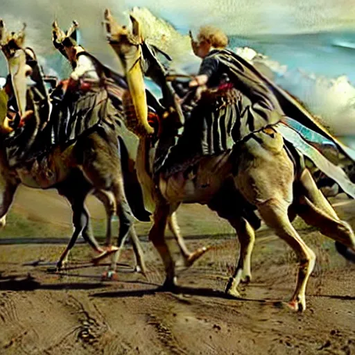 Image similar to still from lord of the rings showing the ride of the rohirrim, riding toward minas tirith on camels