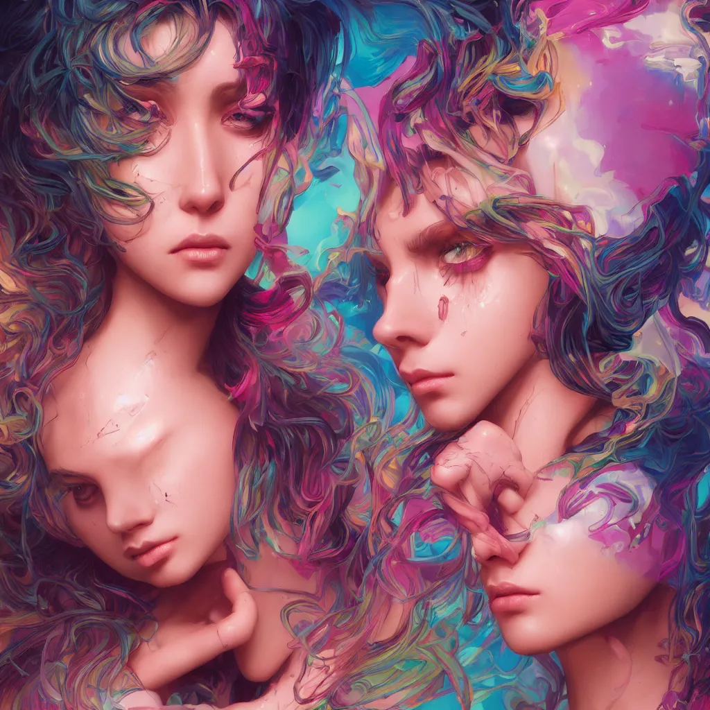 Image similar to young woman, gorgeous face, vaporwave aesthetic, synthwave, colorful, psychedelic, broken, shattered, beaten, sadness, crying, tears, artstation, concept art, smooth, extremely sharp detail, finely tuned detail, 8 k, unreal engine 5, ultra sharp focus, illustration, art by artgerm and greg rutkowski and alphonse mucha