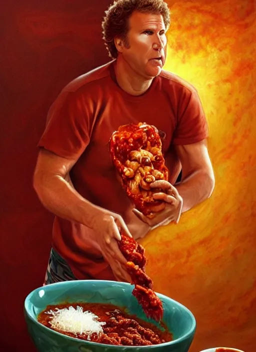 Prompt: will ferrell bathing in a bowl of chili, cosmic horror painting, elegant intricate digital painting artstation concept art by mark brooks and brad kunkle detailed