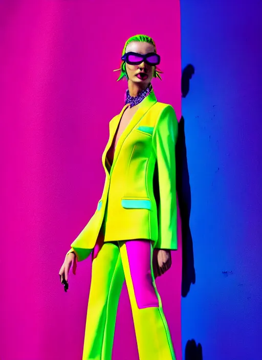 Image similar to bright trouser suit for a rave, bright colors, many details, prints, photo for a magazine, photo for a store, fashion photography, Vogue, 135 mm, cinematic, hyper realism, high detail, 8k, Two models in the frame, dynamic pose,Smooth skin, perfect face