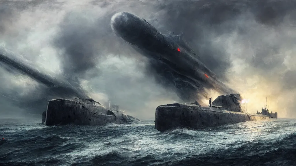 Image similar to soviet submarine destroyed by giant squid, stormy ocean, intricate, detailed, volumetric lighting, sharp focus, scenery, digital painting, highly detailed, concept art, ruan jia, steve mccurry