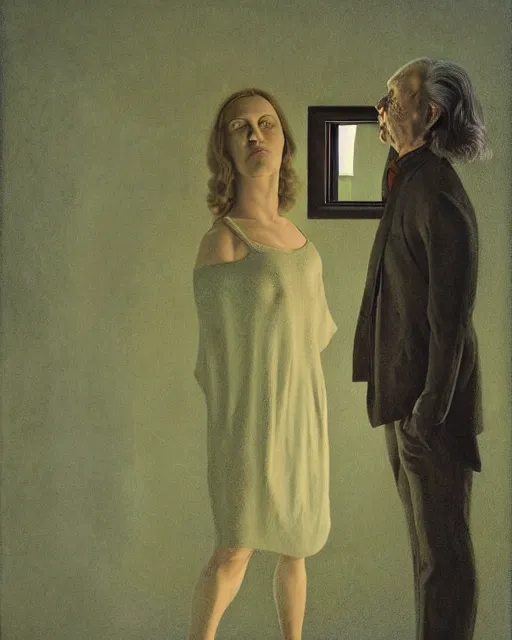 Image similar to man and woman, in the void, by the mirror, station, james gillard, zdislav bexinski, high detail alex colville, otto mueller, stephen conroy, andrea kowch, andrew newell wyeth, daniel meidman jussi picho octane rendering
