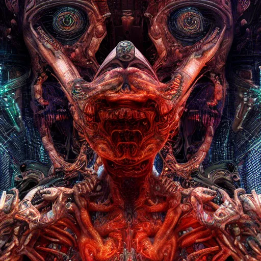 Image similar to cybernetic demon dreaming with its mind, lsd, circuitry, intricate detail, royo, whealan, giger, klimt, hd, octane render, unreal engine,