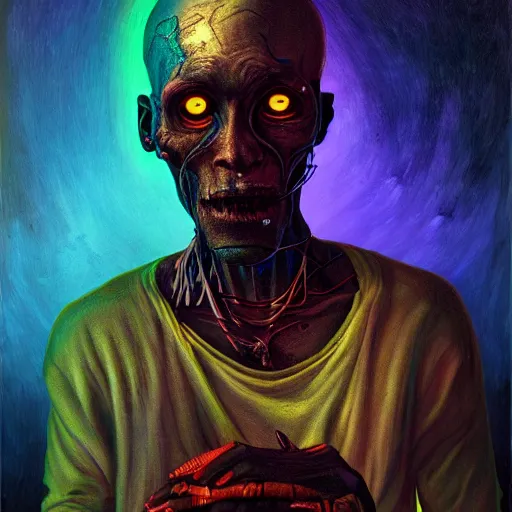 Image similar to a death tarot featuring a haitian voodoo priest with menacing eyes, blacklight neon colors, by anton semenov and android jones in cyberpunk voodoo style, oil on canvas, 8k