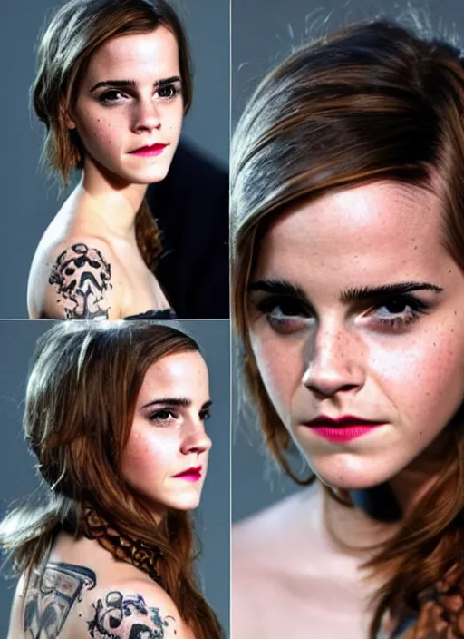 Image similar to emma watson, dope tattoo, hyperrealistic