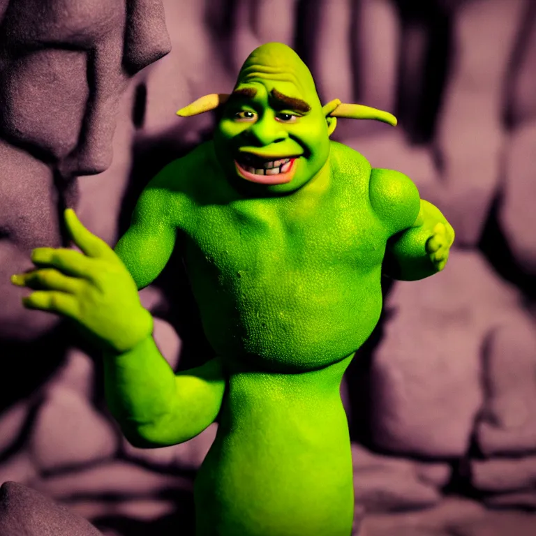 Prompt: a cinematic film still of a claymation stop motion film shrek, portrait, shallow depth of field, 8 0 mm, f 1. 8