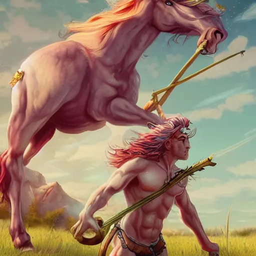 Image similar to centaur overlooking a field, d & d style, trending on artstation, colorful, intricate, art by kev chan