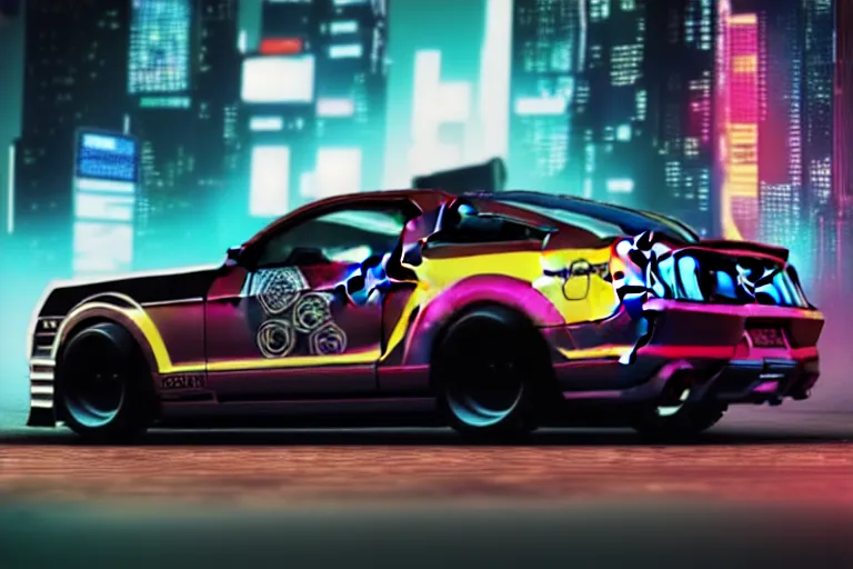 Image similar to ford mustang in cyberpunk city