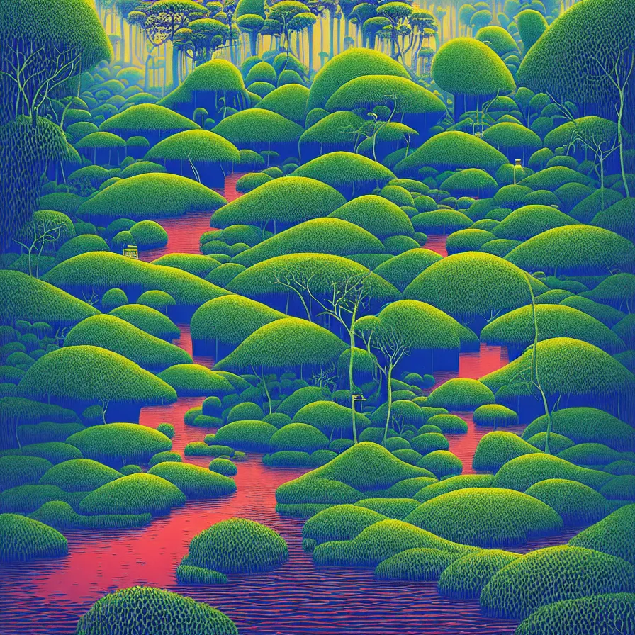 Image similar to surreal gediminas pranckevicius, river flow through borneo jungle, summer morning, very coherent and colorful high contrast art by james gilleard james gurney floralpunk screen printing woodblock, pointillism, dark shadows, pastel color, hard lighting, stippled light, art nouveau, film noir