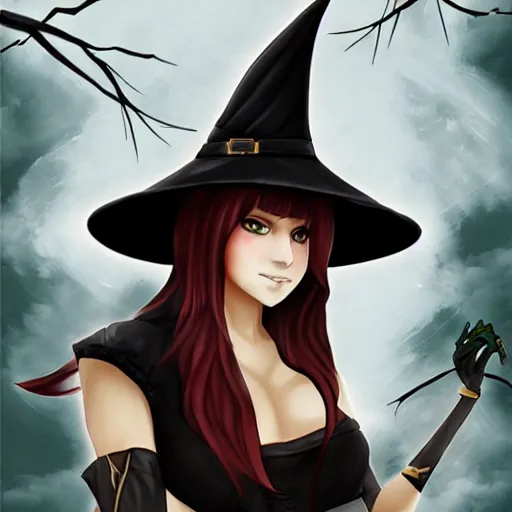 Image similar to fantasy rogue female, witch hat, forest, anime art