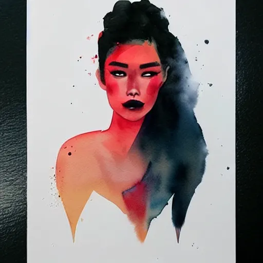 Prompt: portrait of very beautiful young filipino woman, smoke, dark background, by conrad roset, watercolor trending on artstation