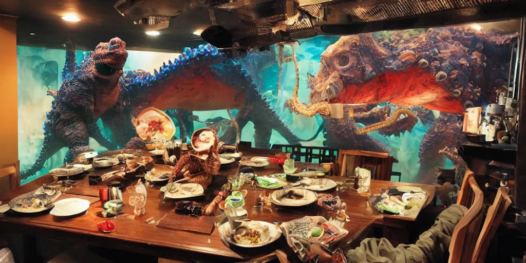 Prompt: photo of chubby godzilla eating octopus monster, in an epic kaiju restaurant willed with framed pictures of past monsters