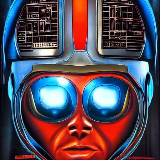 Prompt: a robot with eyes and a helmet on, cyberpunk art by barclay shaw, behance contest winner, afrofuturism, poster art, movie poster, dystopian art