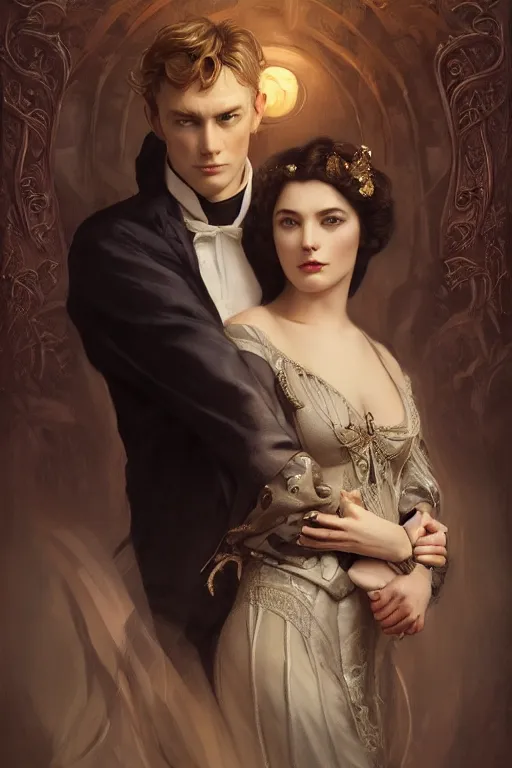 Image similar to a portrait of handsome young evil male Satan and his elegant beautiful wife, bored, illustration, dramatic lighting, soft details, painting oil on canvas, art nouveau, octane render, HDR, 4k, 8k, HD, by Edmund Blair Leighton, Brom, Charlie Bowater, trending on artstation, faces by Tom Bagshaw, Sargent