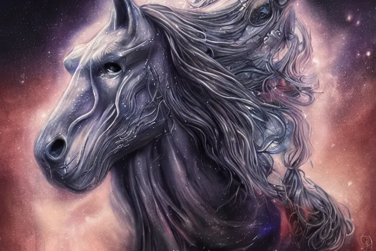 Image similar to a wlop 3 d render of very very very very highly detailed beautiful mystic portrait of a phantom undead horse with whirling galaxy around, tattoos by anton pieck, intricate, extremely detailed, digital painting, artstation, concept art, smooth, sharp focus, illustration, intimidating lighting, incredible art,