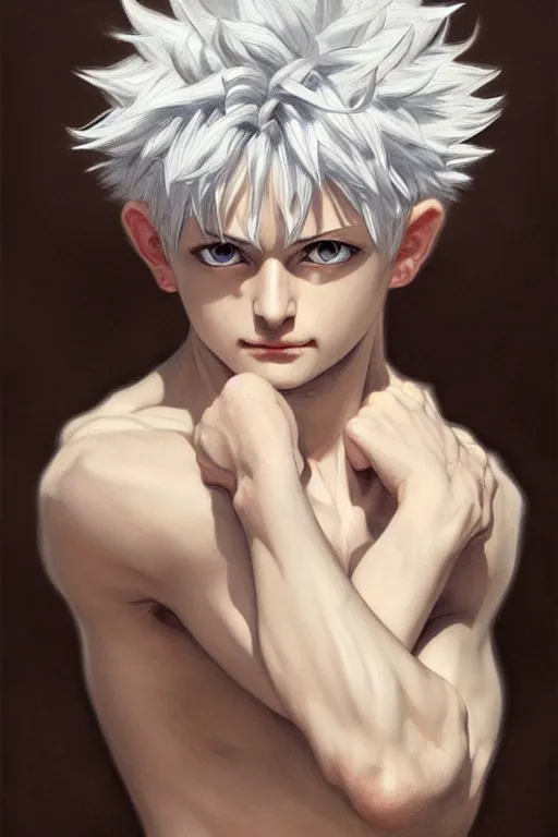 Prompt: painted portrait of killua zoldyck, hunter hunter, hunterpedia, madonna, white hair, masculine, mature, handsome, upper body, muscular, fantasy, intricate, elegant, highly detailed, digital painting, artstation, concept art, smooth, sharp focus, illustration, art by gaston bussiere and alphonse mucha